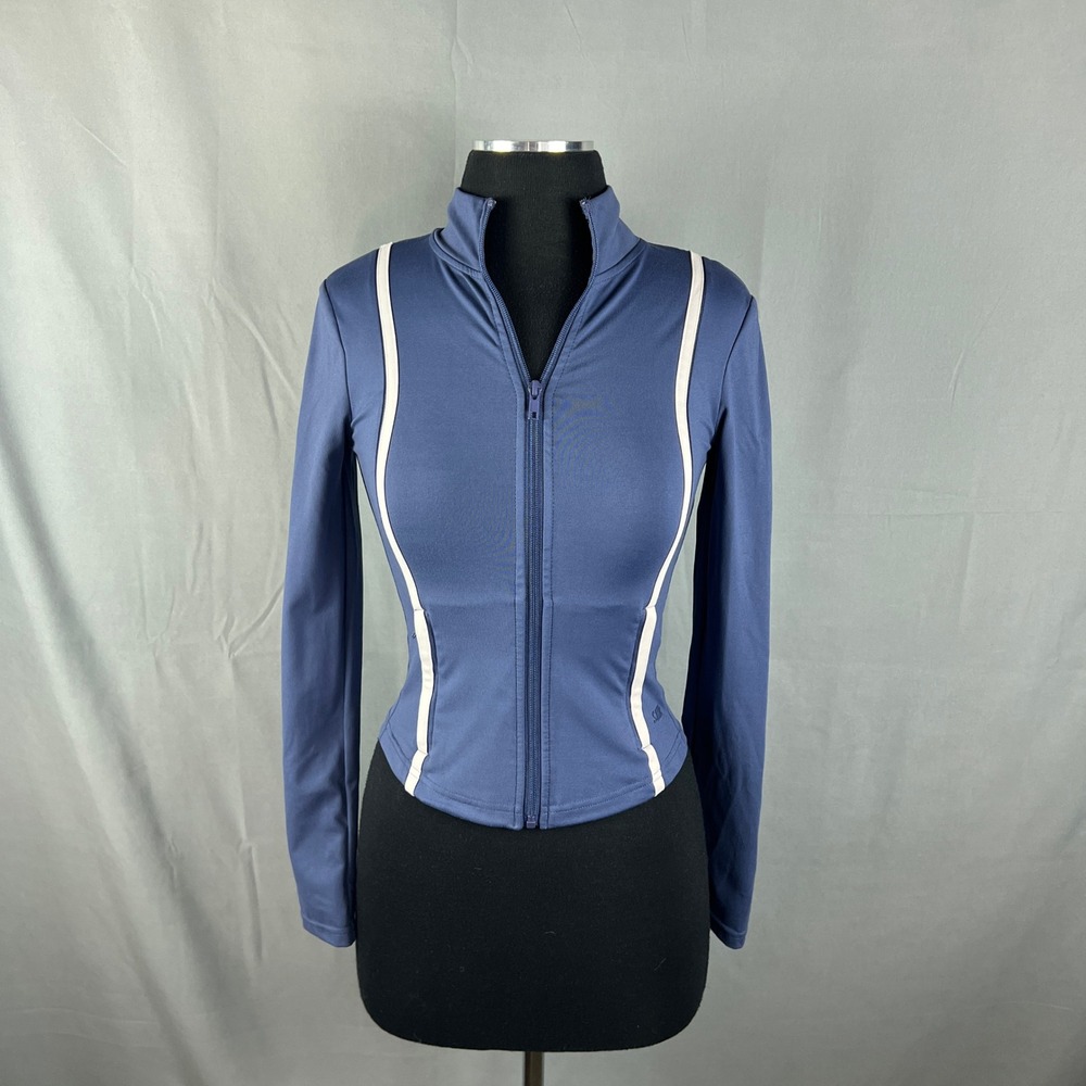 Sommer Ray Athletic Jacket Womens S Blue White Piping Stretch Full Zip Mock Neck